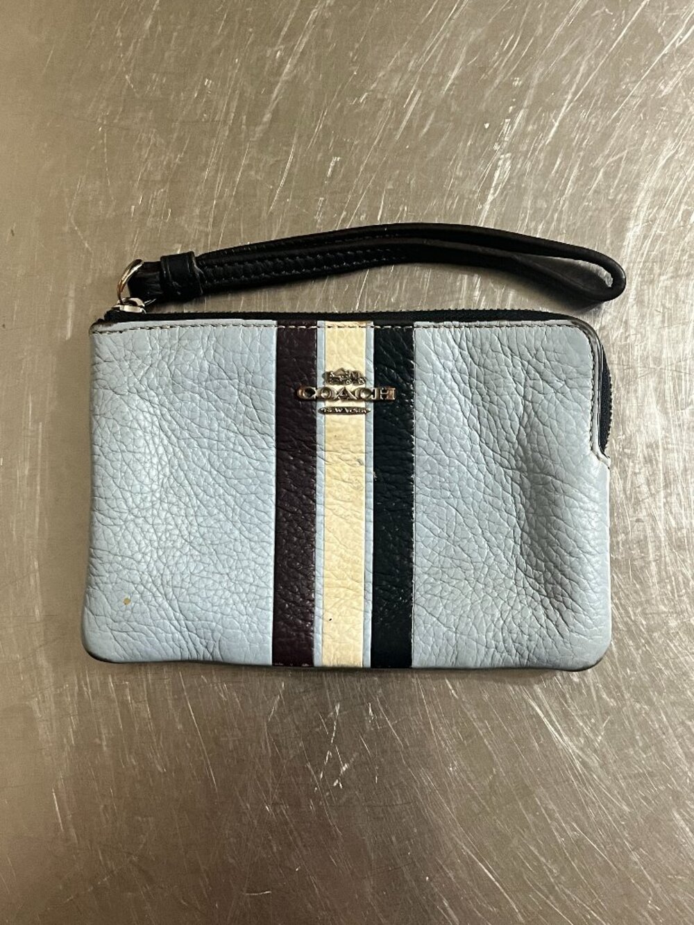 COACH Light Blue Pebbled Leather Corner Zip Wristlet Wallet Purse